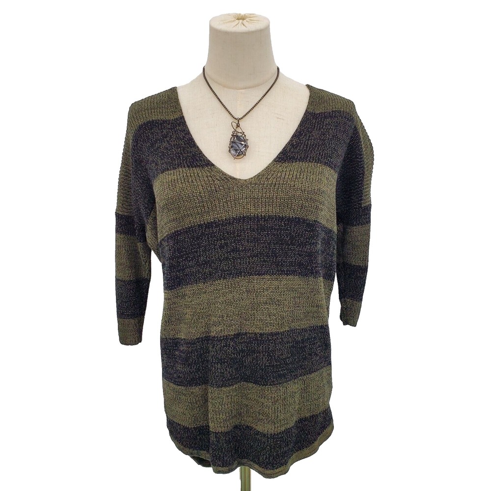 Womens XS Olive Black Striped Sweater Grungecore Knit‎ Slouchy V-Neck Fall Top